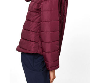 Women's Burgundy Hooded Puffer Jacket With <b>Fur</b> <b>Trim</b> Windproof Winter Casual Outerwear Solid Color Polyester Shell Zipper Closure - Product Image 4