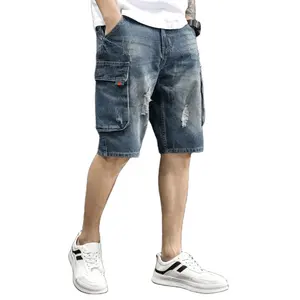 SKYKINGDOM กางเกงยีนส์ขาสั้นขาดๆของผู้ชาย,กางเกงยีนส์ขาดๆผ้าคอตตอนสีพื้นมีหลายกระเป๋าฤดูร้อน