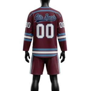 Ensemble short et maillot de hockey sur glace sublimé pour homme, bordeaux et bleu, en polyester, col en V, imprimé, tenue d'équipe, vêtements de match - Product Image 2