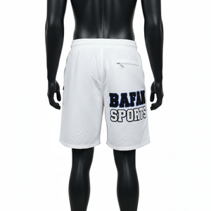 Shorts de baño de poliéster de secado rápido de alta calidad, 140 GSM, blancos y azules, con paneles de bolsillos tipo cargo, apliques bordados y logotipo personalizado para hombre. - Product Image 5