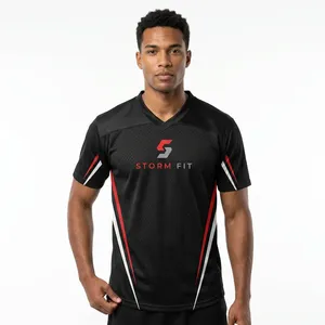 Maillot de football américain Storm Fit pour homme, noir et rouge, col en V, manches courtes, imprimé par transfert thermique, 240g, séchage rapide, 100% polyester mesh - Product Image 2