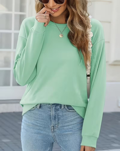 Women's Mint Green Crewneck Sweatshirt Long Sleeve Solid Color Casual Knitted Pullover Regular Fit Eco-Friendly Fleece Winter - Product Image 5