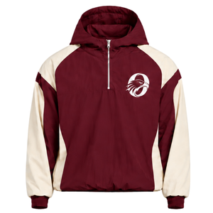 Veste coupe-vent légère pour homme, couleur bordeaux, à blocs de couleurs neutres, avec capuche et fermeture éclair quart, idéale pour la course en extérieur et les activités sportives décontractées - Product Image 1