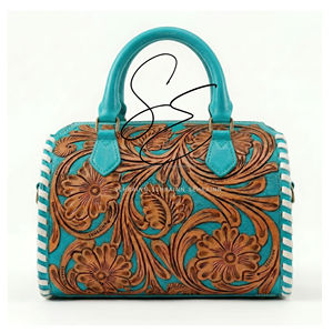 Western Cowhide Mini Duffle Bag Tooled Leather Speedy Purse Hair On Hide Cowgirl Handbag Turquoise Women - Product Image 5