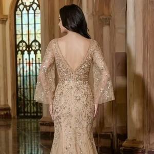 Elegante Vestido de Noche de Sirena con Lentejuelas Plateadas y Cuentas de Cristal para Gala, Boda, Fiesta, con Manga Corta y Espalda Descubierta - Product Image 3