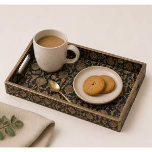 Handcrafted Set of 3 Decorative Wooden <b>Serving</b> <b>Trays</b> with Vintage Floral <b>Gold</b> & Black Design Rectangular Platters with Handles - Product Image 2