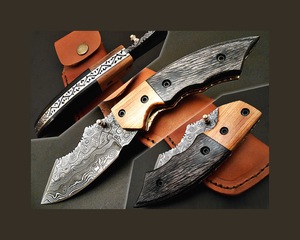 Couteau de chasse pliant artisanal en acier Damas forgé de qualité supérieure avec étui en cuir, couteau de camping de poche, cadeau pour homme - Product Image 1