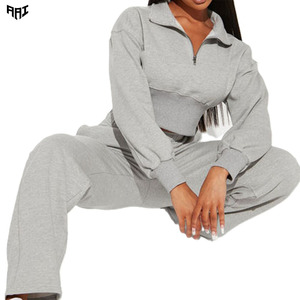Women's Gray Half Zip <b>Crop</b> <b>Top</b> Tracksuit Set Regular Sleeve Knitted Sweatpants Casual Autumn Wear Women's Hoodies - Product Image 1