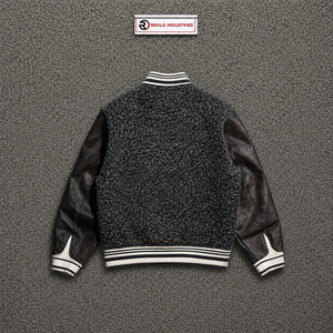 แจ็คเก็ตวาร์ซิตี้ผู้ชาย PREMIUM BLACK LETTERMAN แขนหนัง PU สีพื้น ปกคอพับ สไตล์ลำลองสำหรับฤดูใบไม้ร่วง ทรงปกติ - Product Image 6