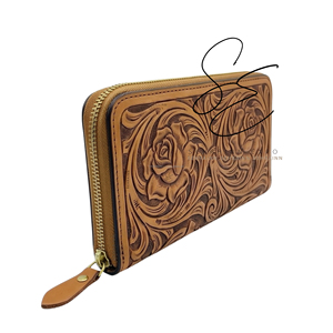 Handcrafted Tooled Leather Cowhide Zip Closure <b>RFID</b> <b>Wallet</b> Custom Floral Carved Leather Long Clutch Real Hair-On Cowhide Back - Product Image 2