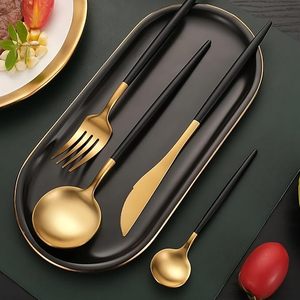 Juego de cubiertos de acero inoxidable negro dorado para 4 personas, 16 piezas, acabado espejo, juego de cubiertos de lujo para mesa de comedor, hotel, cafetería - Product Image 1