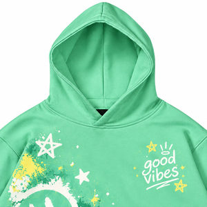 เสื้อฮู้ดสีเขียวขนาดใหญ่พิมพ์ลายยิ้มและดาว ดีไซน์กระเป๋าแบบฝรั่งเศส ผ้าฝ้าย 100% สำหรับใส่ในฤดูหนาว เหมาะสำหรับทั้งชายและหญิง - Product Image 3