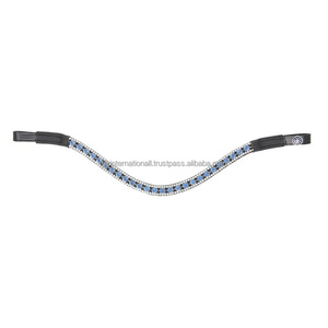 Diadema para Caballo de Cuero Negro Marrón de Primera Calidad Personalizada con 3 Filas de Cristales Azules Brillantes y Diamantes - Product Image 4