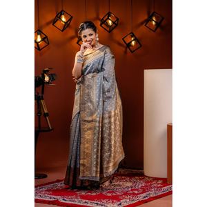 FANTAISIE BANARASI SOIE DOUCE OR ZARI TÊTE TRAVAIL SAREE AVEC CHEMISIER INCOSÉ GRIS - Product Image 1