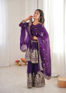 Indian Exporter Traditional Indian <b>Top</b> Plazzo Set Dupatta Pure Silk Knee-Length Parties Celebrations Natural Waist - Product Image 5