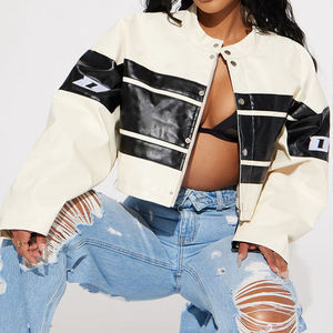 Chaqueta de Motociclista Corta de Cuero Genuino para Mujer, Personalizada, con Cuello Alto y Bordado de Parches Estilo Urbano, Relleno de Algodón - Product Image 1