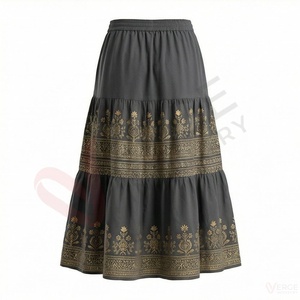 Falda midi negra estilo bohemio para mujer, corte en A, cintura elástica, estampado floral, falda larga escalonada - Product Image 2