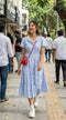 Light Blue Cotton Midi <b>Dress</b> Short Sleeve Polo Neck Layered Hem Breathable Woven Fabric Floral Print Casual Summer Wear - Product Image 5
