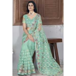 Sari de créateur à silhouette droite pour les fêtes, en organza imprimé floral avec broderie en fil métallique et point de chaînette - Product Image 1