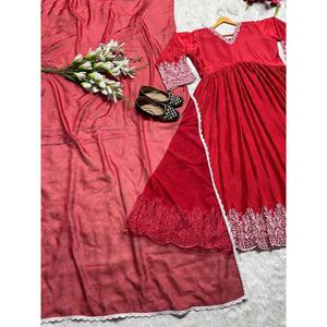 BATA DE TRABAJO BORDADA DE SEDA CHINON ATRACTIVA PALAZZO CON DUPATTA ROJA - Product Image 2