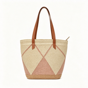 Customized Diamond inlay woven straw tote <b>bag</b>,blush pink geometric straw <b>basket</b> shopper,two‑tone woven tote - Product Image 1