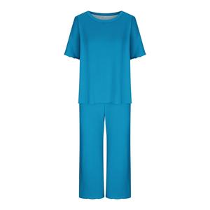 Conjunto de Pijama de Jersey de Poliéster Azul para Mujer, Manga Corta, Cuello Redondo, Cintura Elástica Suave, Ropa de Dormir Informal para Verano - Product Image 1
