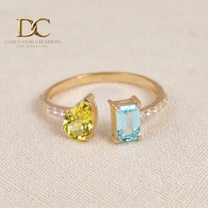 แหวนทองคำแท้ 14K ประดับเพชรเพาะเลี้ยงและพลอยสีฟ้าพาราอิบาสีน้ำเงินและสีเหลืองเพาะเลี้ยงสำหรับผู้หญิง เครื่องประดับงานแต่งงานชั้นดี - Product Image 5