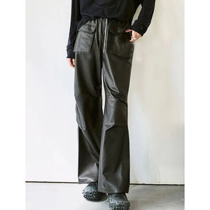 Pantalon en cuir véritable pour femme, coupe droite, en peau de mouton, style cargo, noir, élégant, printemps-automne - Product Image 6