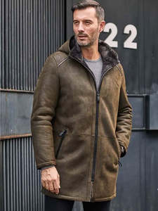 Veste en cuir suédé marron pour homme avec doublure en fausse fourrure, fermeture éclair à capuche, coupe longue décontractée, coupe-vent pour l'hiver - Product Image 1