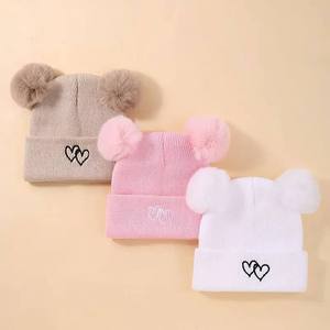 Baby Beanie Hat With Pom Poms Embroidered Hearts Solid Color <b>Winter</b> <b>Cap</b> Unisex Knitted Warm Hat - Product Image 2
