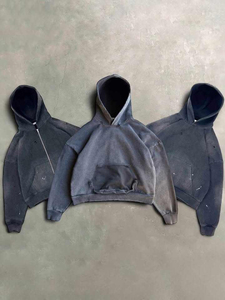 Sweat à capuche surdimensionné pour homme, style streetwear personnalisé, en molleton épais 420 GSM, délavé à l'acide, double fermeture éclair, déchiré et court - Product Image 3