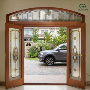 Puerta de madera residencial personalizada de doble entrada con paneles de vidrio tintado y travesaño arqueado para uso exterior GA-52 - Product Image 2