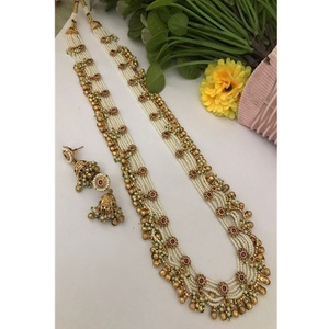 Ensemble collier long et boucles d'oreilles en laiton plaqué or de qualité supérieure, style Polki, élégant, pour mariage et soirées, pour femmes - Product Image 2
