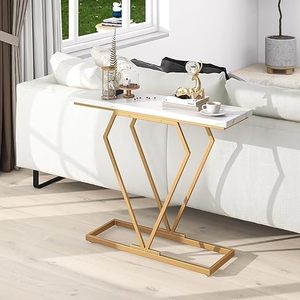 Mesa Auxiliar de Lujo en Forma de C con Superficie de Madera y Estructura Metálica Dorada |   Mesa Consola Moderna para Sala de Estar para Uso en Hoteles - Product Image 2