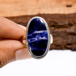Anillo ovalado de sodalita ajustable, plata de ley 925, estilo vintage, hecho a mano, joyería con piedras preciosas, regalo para ella - Product Image 1