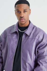 URBANGAZER Men's 100% Polyester Leather Jacket Stand Collar <b>Covered</b> <b>Button</b> Patchwork Design Windproof Breathable Thick - Product Image 6