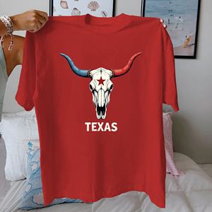 Camiseta de Mujer con Estampado de Calavera de Vaca de Texas, Corte Regular Informal, 100% Algodón, Cuello Redondo, Manga Corta, para Todas las Temporadas - Product Image 3
