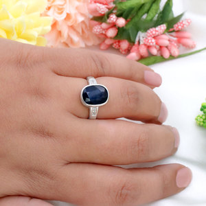 925 Sterling <b>Silver</b> Natural Blue Sapphire Gemstone <b>Ring</b> Bezel <b>Set</b> Band with cz Side Stones for Wedding Gift Everyday Wear - Product Image 5