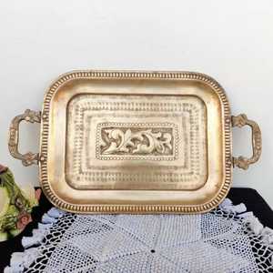 Antique Brass Rectangular Serving <b>Tray</b> with Handles Hand Engraved Metal <b>Tea</b> Coffee Platter Luxury Traditional Kitchenware 120cm - Product Image 1