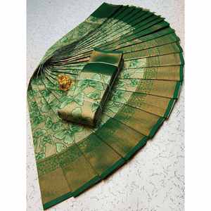 ATRACTIVA SEDA ZARI TRABAJO TEJIDO SAREE CON BLUSA DESCOSADA VERDE - Product Image 1