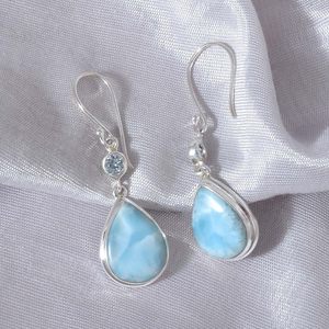 Nouvelles boucles d'oreilles en forme de goutte d'eau en larimar et topaze bleue, en argent sterling 925, style celtique, bijoux fins, cadeaux pour femmes - Product Image 2
