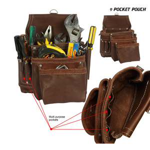 Ceinture porte-outils professionnelle en cuir avec 18 poches, sac banane ajustable pour homme, marron, support marteau, mètre ruban, crochet - Product Image 5