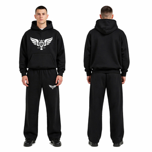Ensemble de survêtement noir pour homme avec logo personnalisé, sweat à capuche et pantalon de jogging, vêtements de sport décontractés, streetwear - Product Image 1