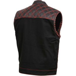 Samroz Sports <b>Mens</b> Wrecker Club <b>Vest</b> Casual Outerwear Breathable Winter Design <b>Black</b> Denim Leather Diamond Quilt Red - Product Image 3