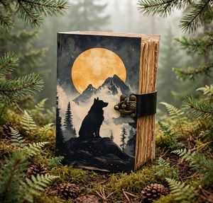 Carnet en cuir fait main, motif loup pleine lune, style vintage, avec motif aquarelle, livre de sorts, fermeture à loquet antique, carnet d'écriture, carnet de croquis, Shadow - Product Image 1