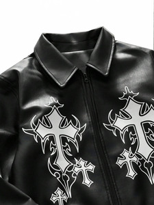 Blouson Bomber Gothique en Cuir PU pour Homme, Col Rabattu, Fermeture Éclair, Motif Croix Brodé sur le Devant, Idéal pour l'Automne - Product Image 6