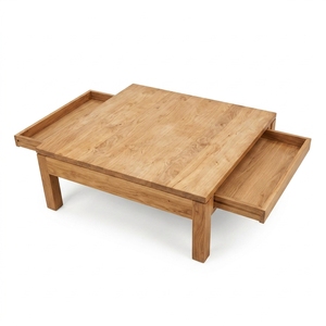 Mesa de Centro Moderna y Minimalista de Madera de Teca Natural, Mesa Central de Madera Sólida con Dos Cajones de Almacenamiento, Cuadrada, para Patio o Sala de Estar - Product Image 1
