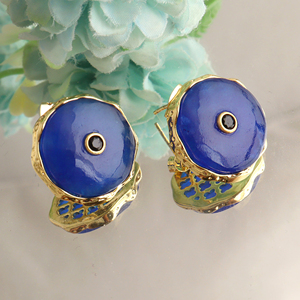 designer blue jade round <b>stud</b> <b>earrings</b> with <b>black</b> cubic zirconia gold plated textured brass modern statement jewelry for women - Product Image 2