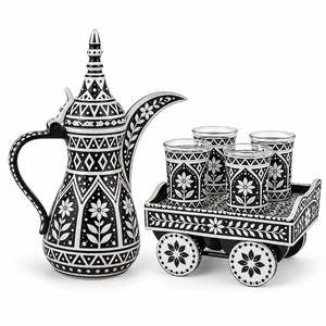 <b>Vintage</b> Engraved Silver Arabic Coffee <b>Set</b> Dallah Kettle Ceramic Cups Date Bowl Middle East Hospitality Drinkware WholesaleVintag - Product Image 5