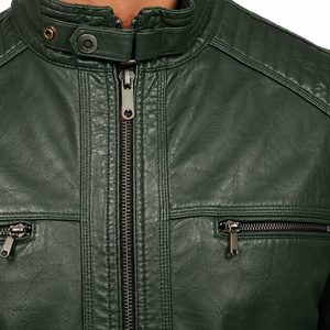 Veste de moto unisexe en cuir PU vert avec logo personnalisé, col rabattable, fermeture éclair, coupe ajustée, manches classiques, couleur unie, coupe-vent - Product Image 4